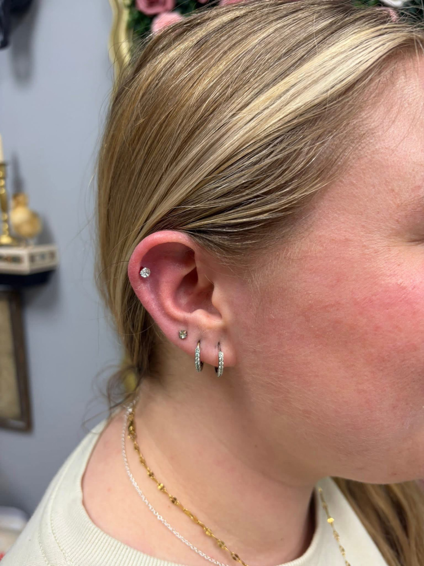 Curated ear piercing stack with helix and lobe jewelry