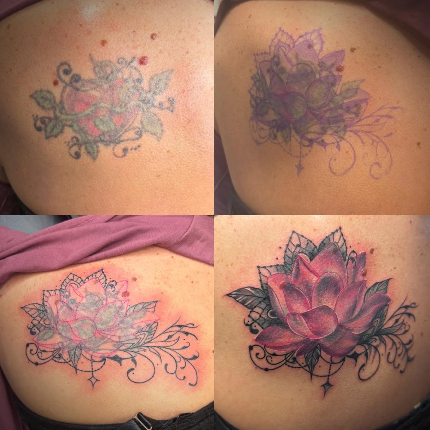 Cover-up progression: faded floral tattoo covered with a pink lotus mandala