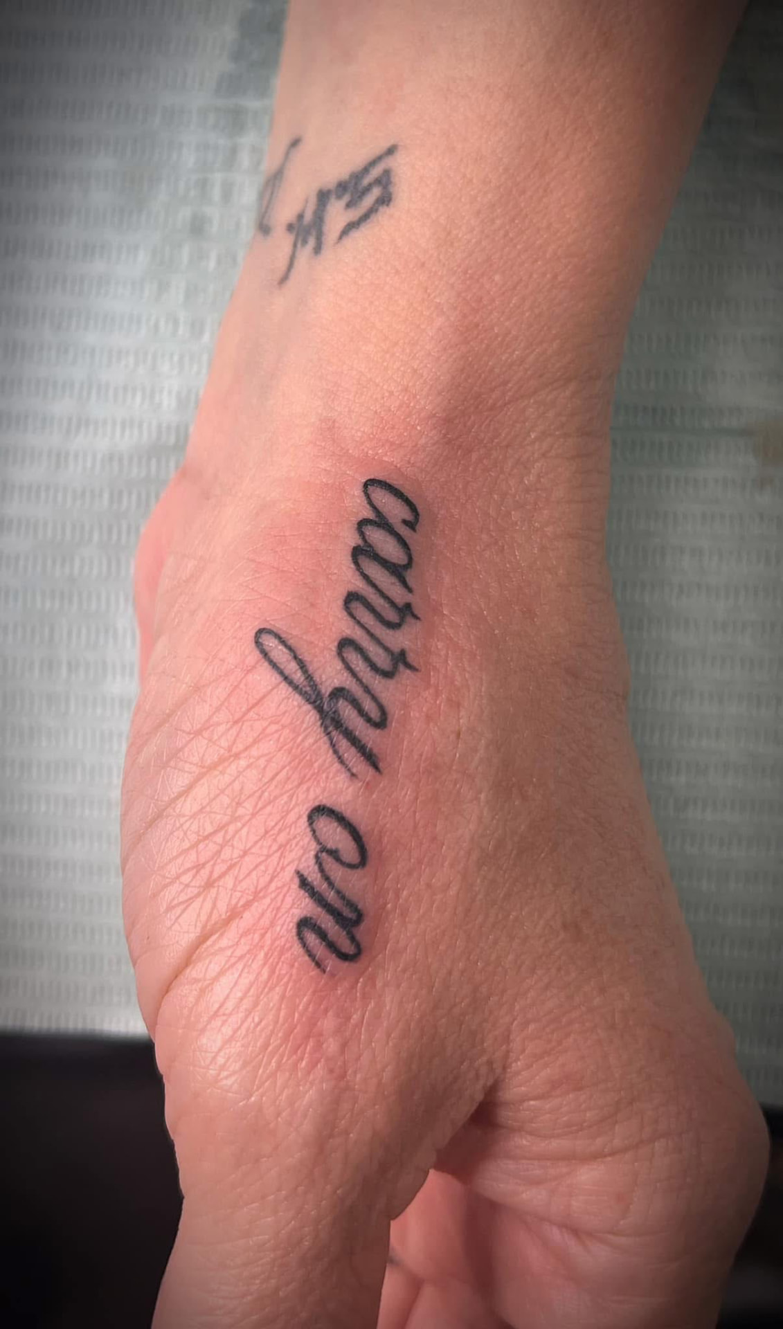 Fine-line script tattoo reading carry on, on a hand