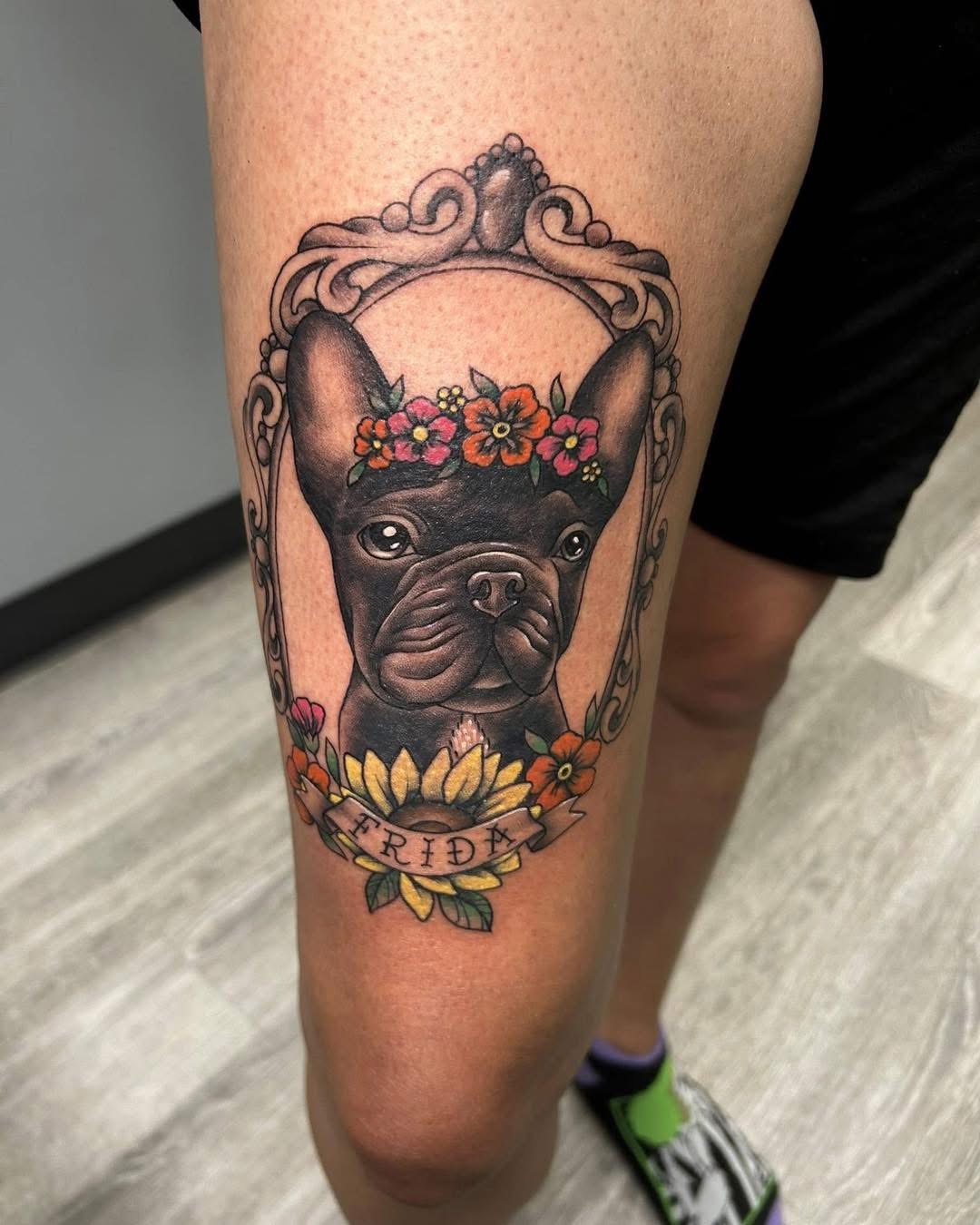 Color portrait tattoo of a French bulldog in a framed banner