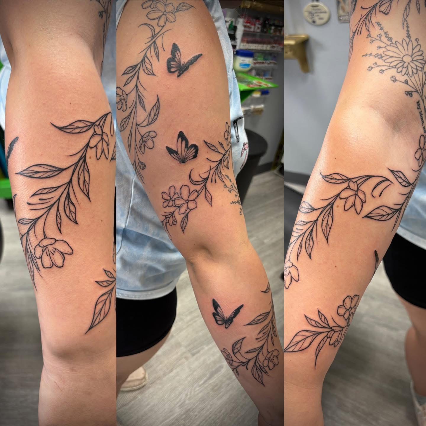 Fine-line floral and butterfly vine sleeve