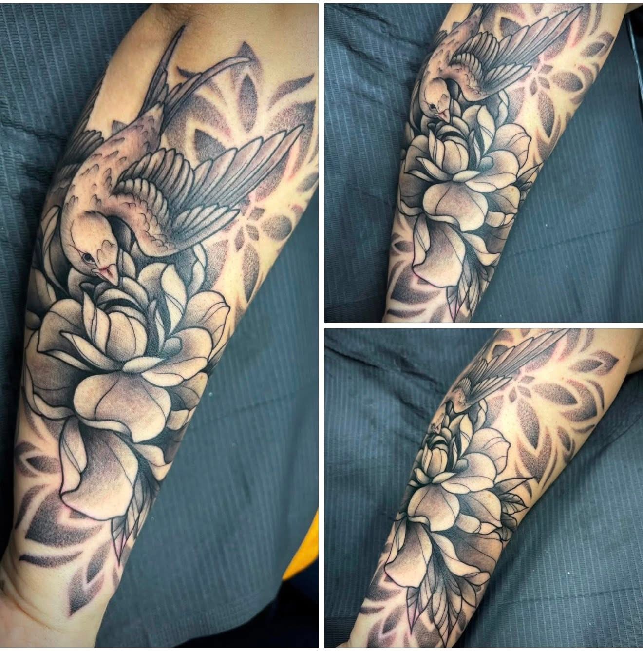 Black and grey swallow, peony and mandala forearm sleeve