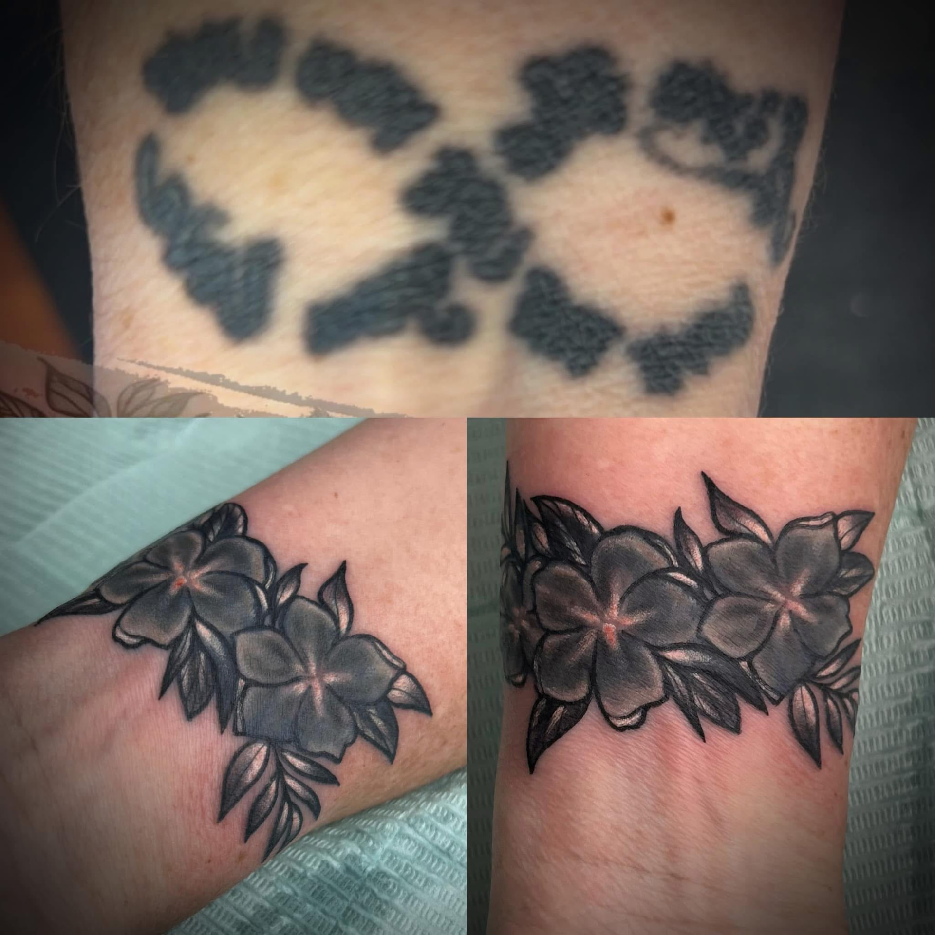 Before and after cover-up: old tattoo covered with black and grey flowers