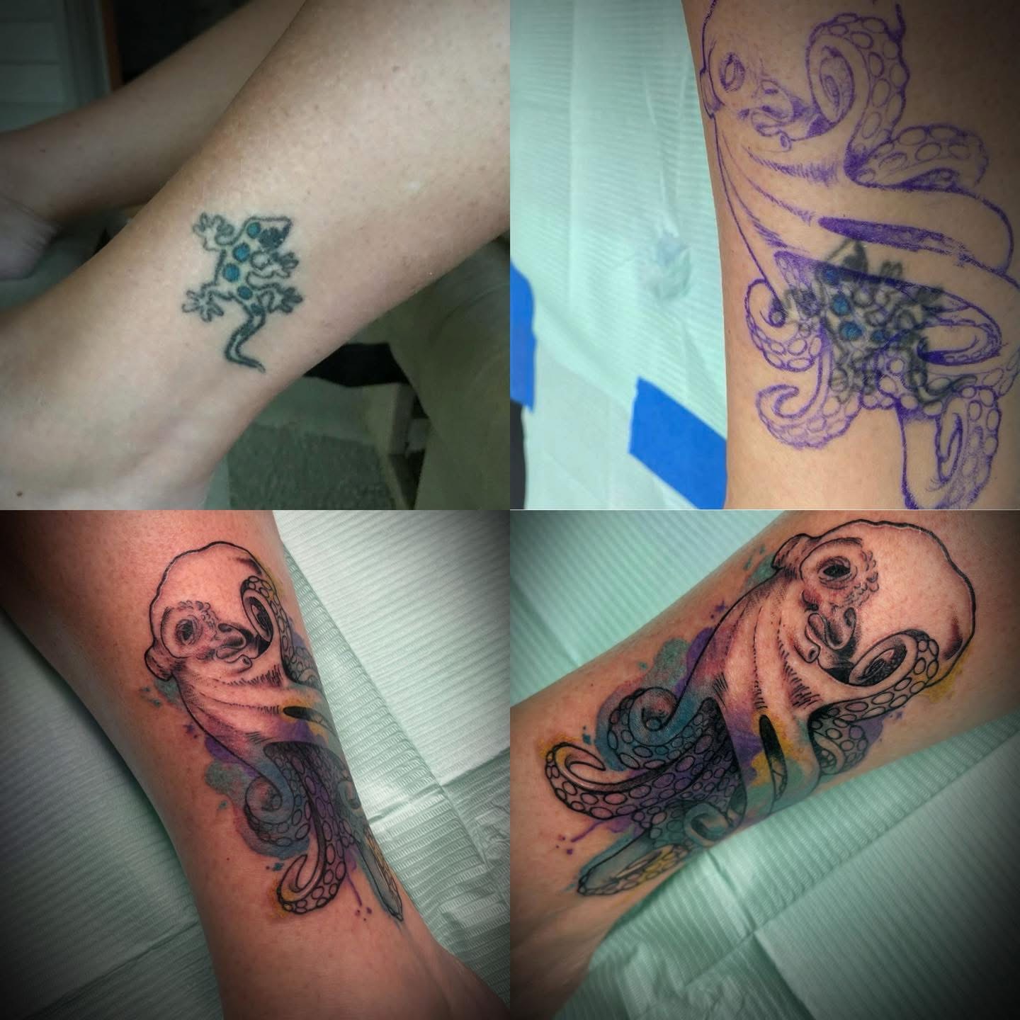 Cover-up progression: small lizard tattoo covered with a watercolor octopus