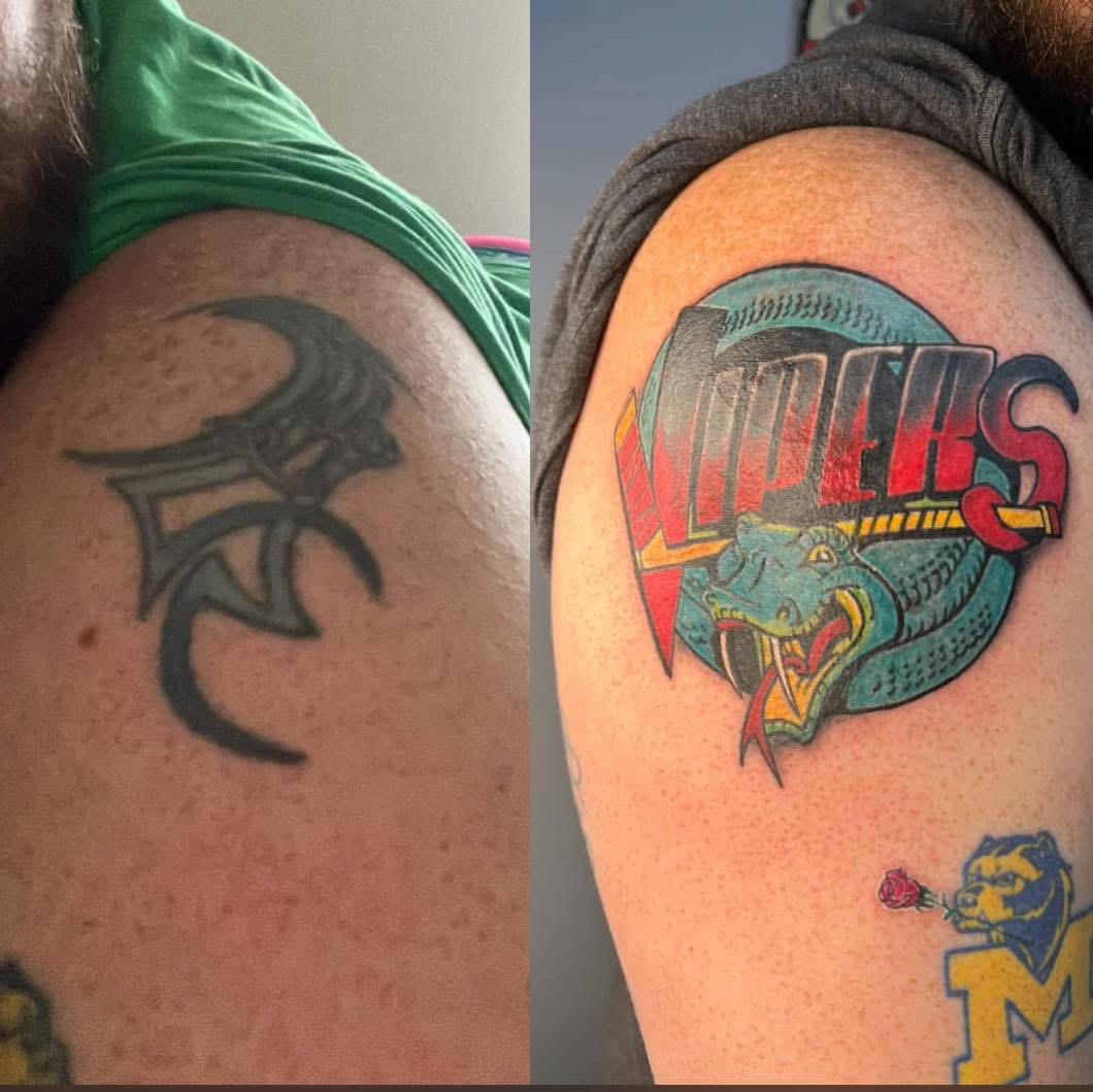 Before and after cover-up: old tribal tattoo covered with a colorful Vipers logo