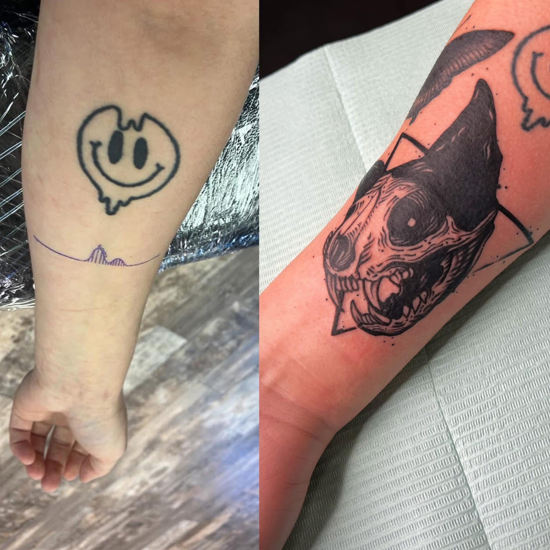 Blackwork animal skull tattoo alongside a fine-line smiley